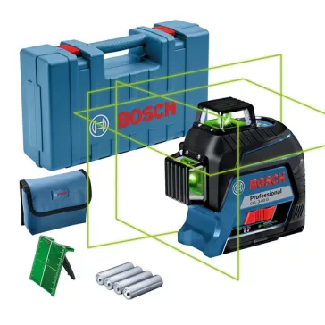   BOSCH 0601063Y00 GLL 3-80 G zöld Vonallézer kofferben + 4 db 1,5 V-os LR6 (AA) + Lézer céltábla + Szerszámkoffer