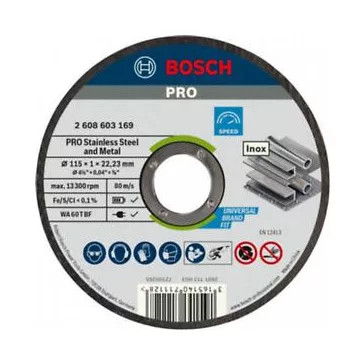   BOSCH 2608603169 A 24 P BF, Rapido egyenes WA 60 T BF, PRO Stainless Steel and Metal, vékony vágótárcsa kis sarokcsiszolóhoz, 115 mm, 22,23 mm, 1,0 mm