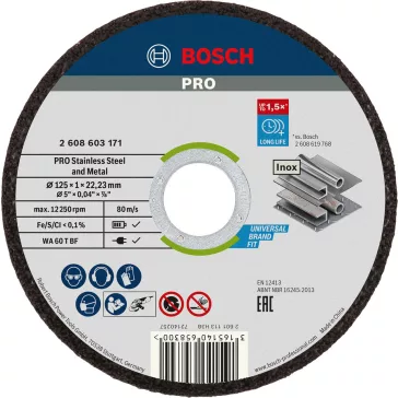   BOSCH 2608603171 PRO Stainless Steel and Metal, vékony vágótárcsa kis sarokcsiszolóhoz, WA 60 T BF Rapido egyenes WA 60 T BF, 125 mm, 22,23 mm, 1,0 mm