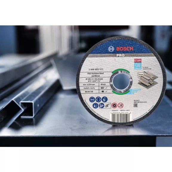 BOSCH 2608603171 PRO Stainless Steel and Metal, vékony vágótárcsa kis sarokcsiszolóhoz, WA 60 T BF Rapido egyenes WA 60 T BF, 125 mm, 22,23 mm, 1,0 mm
