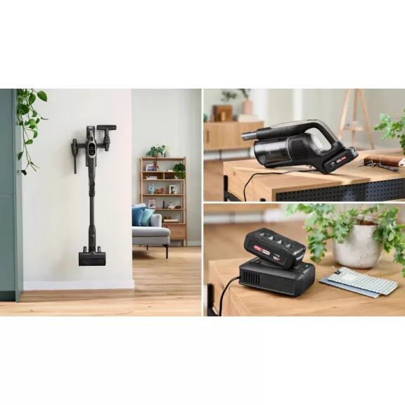 BOSCH BBS1041GQC Akkumulátoros porszívó | Unlimited 10 | 18 V / 4 Ah Li-Ion akku | MicroClean | Gyorstöltő | Grafit