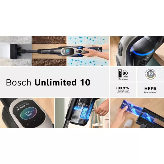 BOSCH BBS1041GQC Akkumulátoros porszívó | Unlimited 10 | 18 V / 4 Ah Li-Ion akku | MicroClean | Gyorstöltő | Grafit