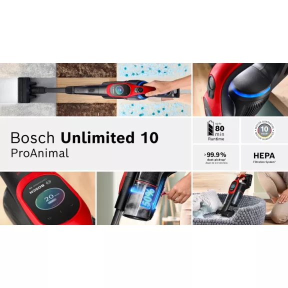 BOSCH BCS1041PET Akkumulátoros porszívó | Unlimited 10 | 18 V / 4 Ah Li-Ion akku | ProAnimal | Vörös