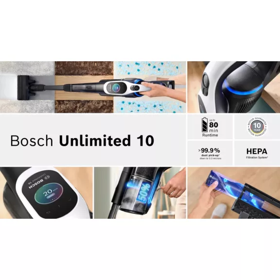 BOSCH BCS1041WAC Akkumulátoros porszívó | Unlimited 10 | 18 V / 4 Ah Li-Ion akku | Fehér