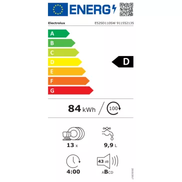   Electrolux E52SD110SW Szabadonálló mosogatógép | Fehér | 60 cm