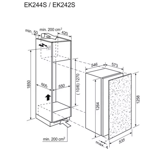 Electrolux EK242SLSW Beépíthető hűtőszekrény | OptiSpace | 214 l | 126.9 cm magas | 54.7 cm széles | Fekete