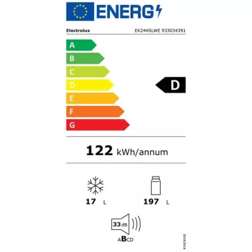   Electrolux EK244SLWE Beépíthető hűtőszekrény | OptiSpace | 214 l | 126.9 cm magas | 54.7 cm széles