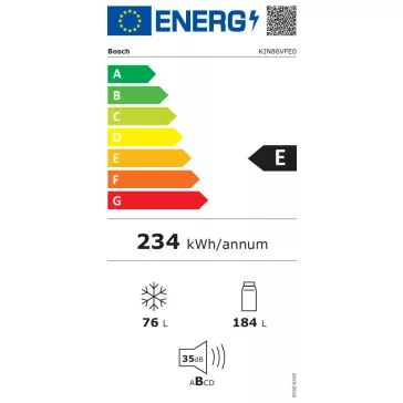   BOSCH KIN86VFE0 Serie|4 Beépíthető kombinált alulfagyasztós hűtőszekrény | NoFrost | 184/76 l | 177.2 cm magas | 54.1 cm széles