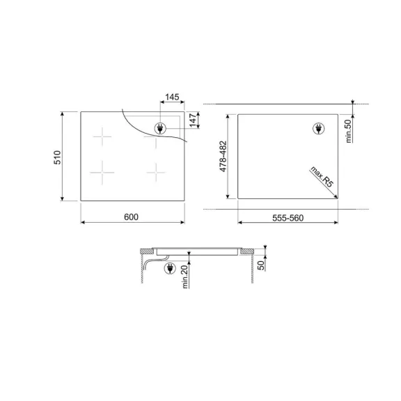SMEG INDUKCIÓS FŐZŐLAP, Linea design, 60 cm, 4 főzőzóna, 2 MultiZone híd zóna, neptune szürke üveg
