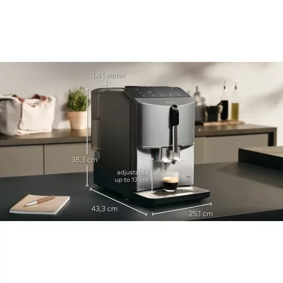 SIEMENS TF305E04 Teljesen automata kávéfőző |  EQ300 |  Titán/Fekete | Kivehető víztartály | 15 bar